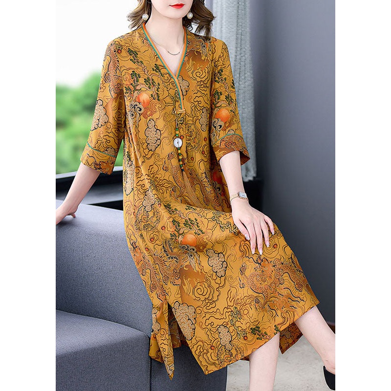 Yellow Print Patchwork Silk Mid Dresses Tasseled V Neck Summer