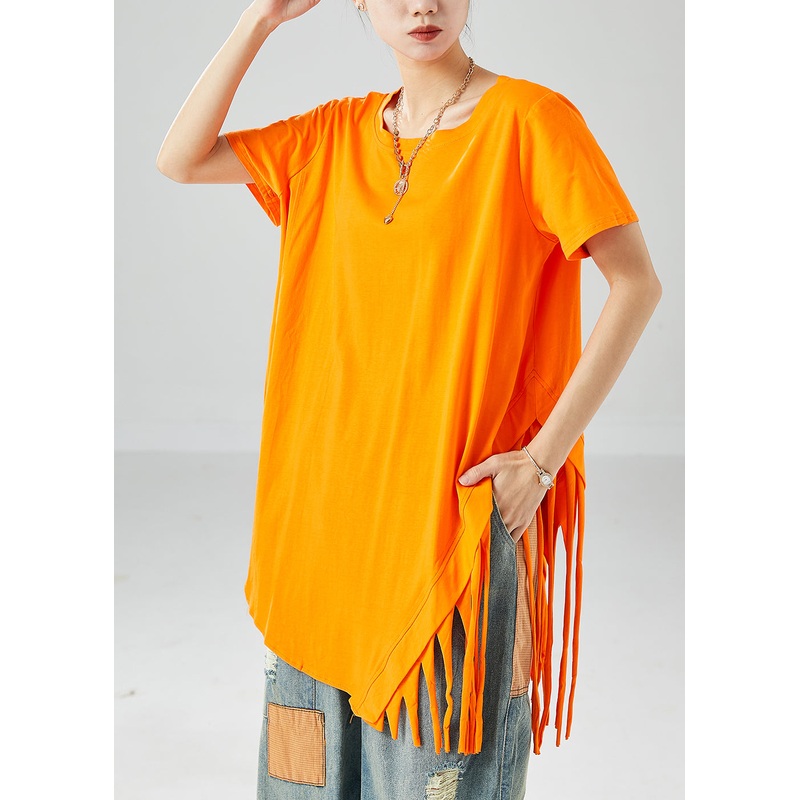 Art Orange Asymmetrical Tassel Cotton Tank Tops Summer