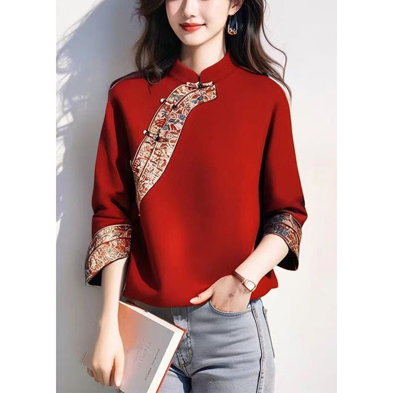Beautiful Red Mandarin Collar Patchwork Cotton Pullover Tops Spring