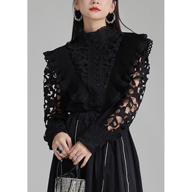 Black Button Hollow Out Cotton Shirt Stand Collar Spring