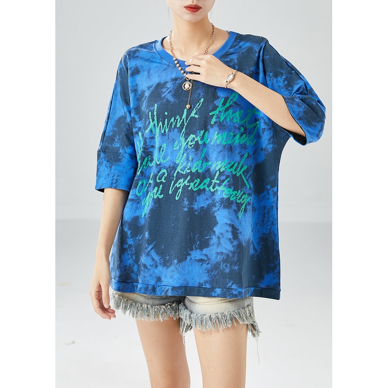 Blue Letter Print Cotton Tank Oversized Tie Dye Summer