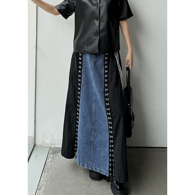 Blue Nail Bead Pockets Denim Patchwork Spring Skirt Side Open