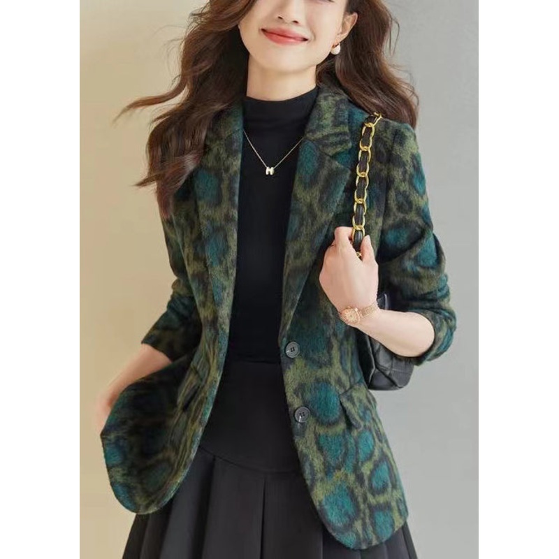 Bohemian Green Leopard Print Woolen Coats Spring