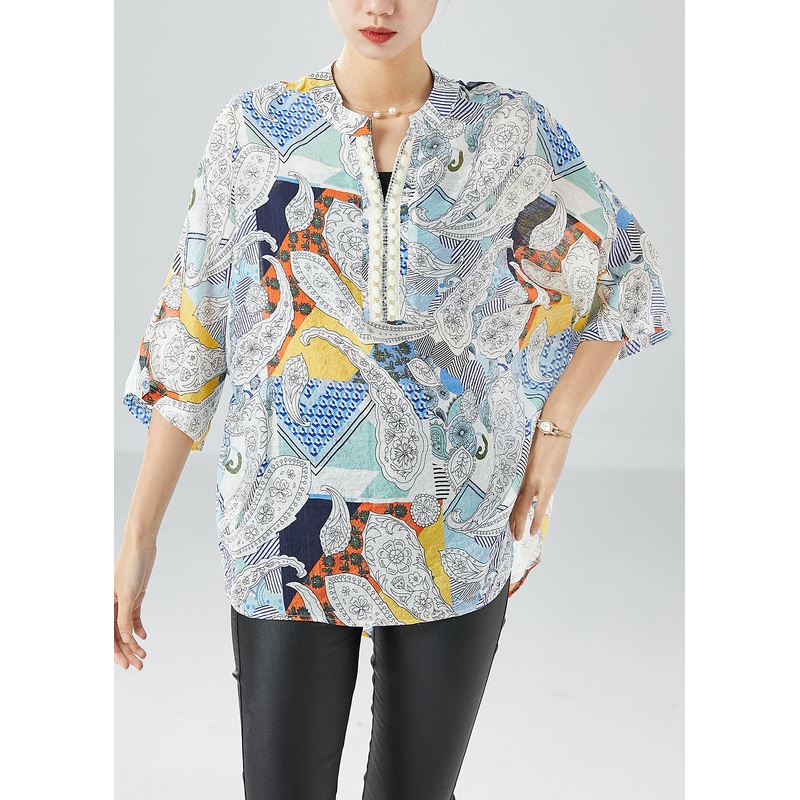 Boutique Blue Oversized Print Cotton Top Summer
