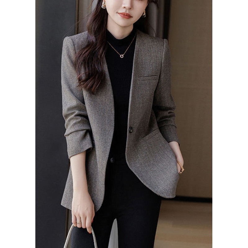Boutique Grey V Neck Woolen Formal Coats Spring