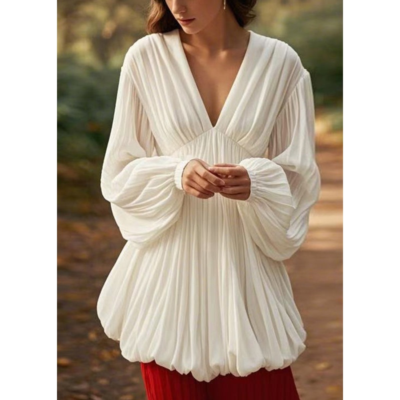 Brief White Patchwork Wrinkled Chiffon Top Spring
