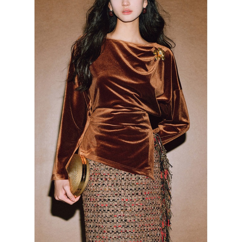 Brown Cinched Side Open Silk Velour T Shirt Spring