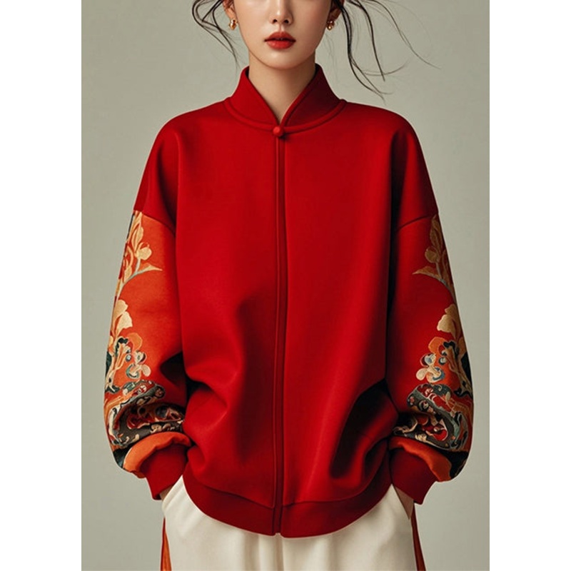 Chic Red Stand Collar Patchwork Cotton Sweatshirt Spring