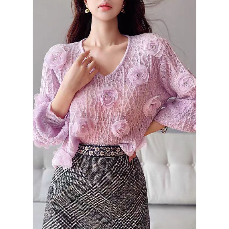 Cute Purple V Neck Floral Knit Sweater Lantern Sleeve