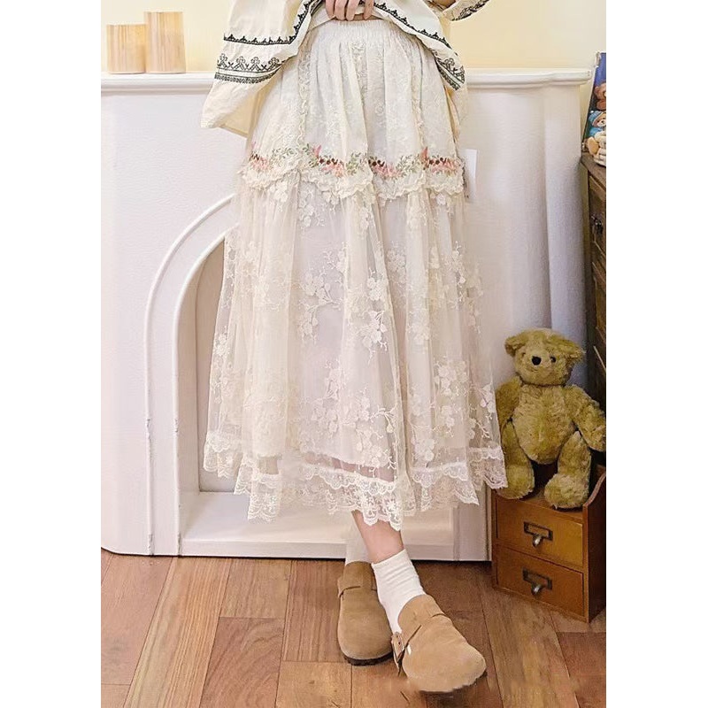 Elegant Beige Embroidered Elastic Waist Patchwork Tulle Skirt Spring