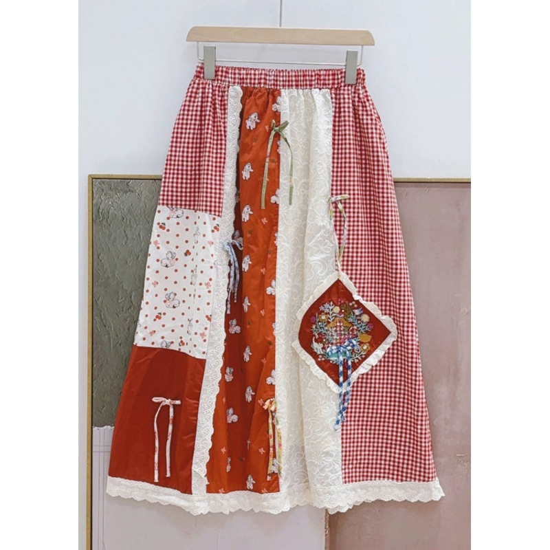 Elegant Red Plaid Elastic Waist Patchwork Cotton Skirts Spring