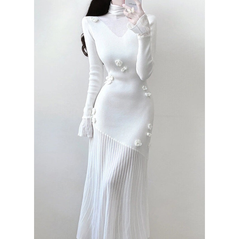 Elegant White Turtleneck Floral Knit Patchwork Long Dresses Spring