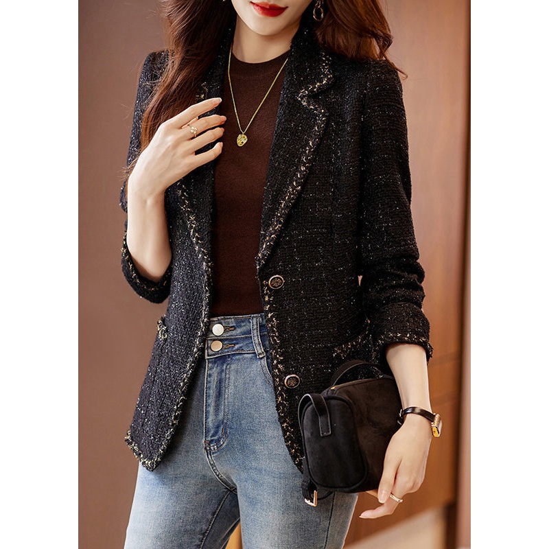 Fitted Black Notched Patchwork Woolen Coats Spring