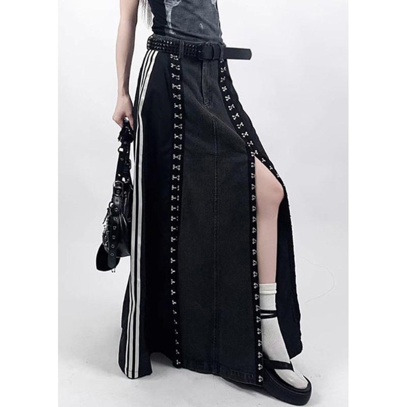French Black Pockets Side Open Denim Patchwork Skirt Spring