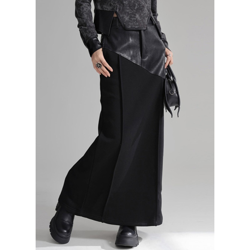 French Black Side Open Faux Leather Patchwork Warm Fleece Skirts Spring