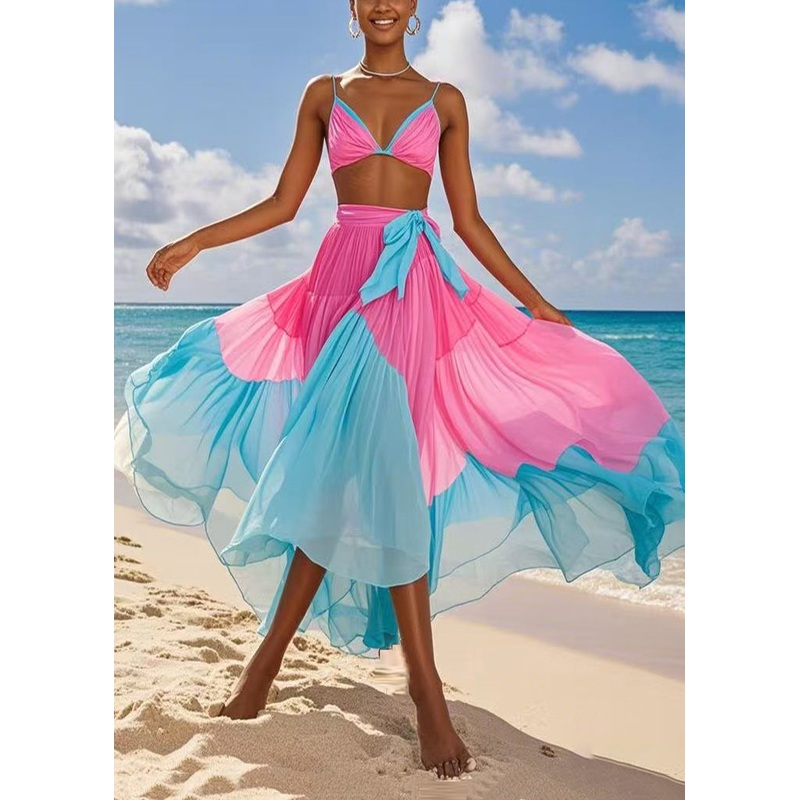 French Colorblock Elastic Waist Chiffon Skirt Summer