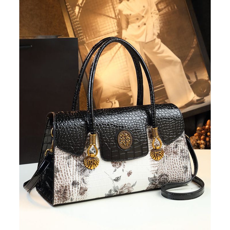 Handmade White Print Solid Durable Faux Leather Tote Handbag