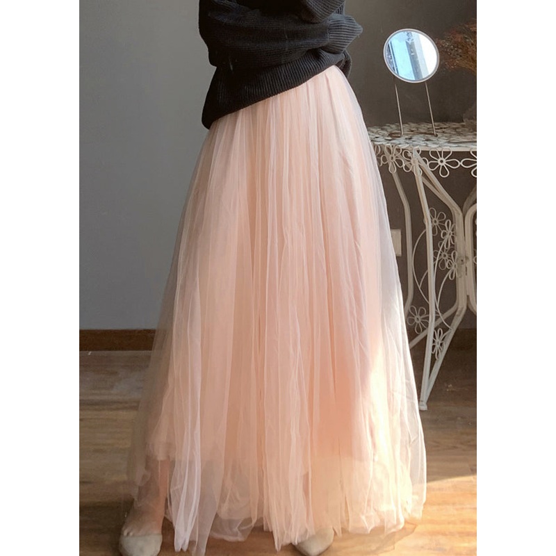 Loose Pink Elastic Waist Tulle Maxi Skirts