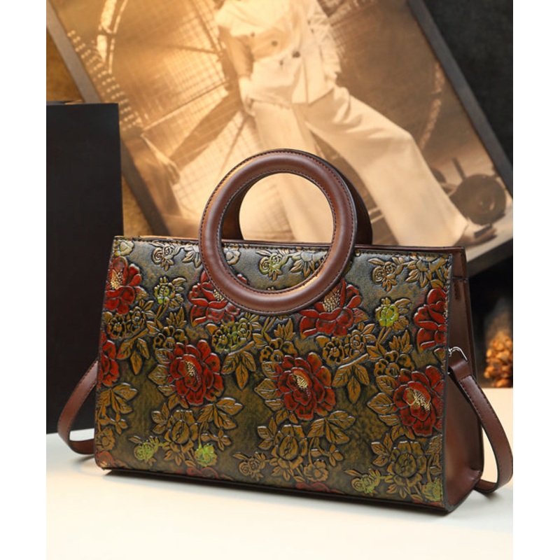 New Retro Brown Embossed Flower Durable Faux Leather Tote Handbag