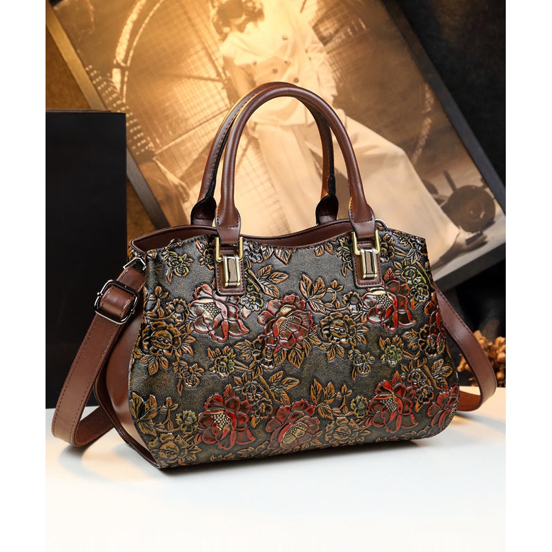 New Retro Brown Embossed Solid Durable Women Handbags