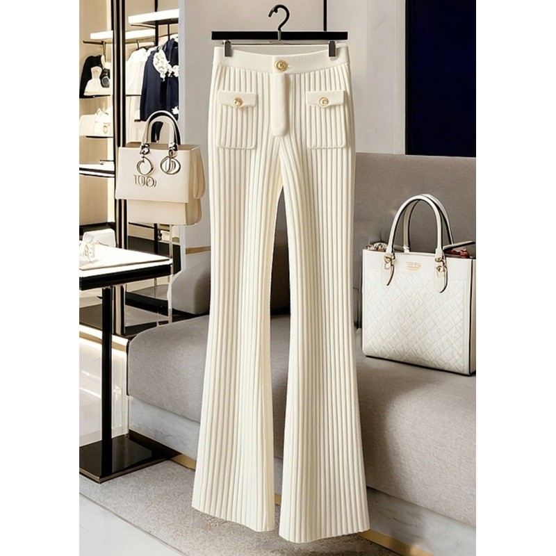 New White Solid High Waist Knit Pants Spring