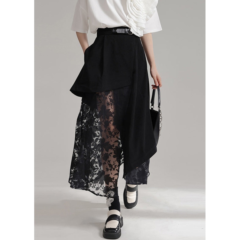 Novelty Black Asymmetrical Pockets Tulle Patchwork Skirts Summer