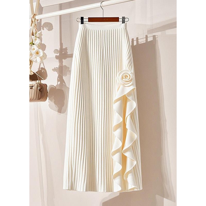 Organic Beige Striped Patchwork Floral Knit Maxi Skirt Spring