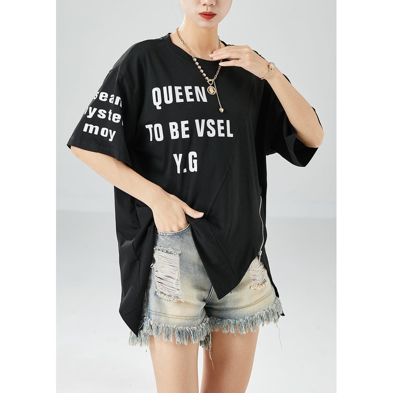 Plus Size Black Asymmetrical Letter Print Cotton Tanks Summer