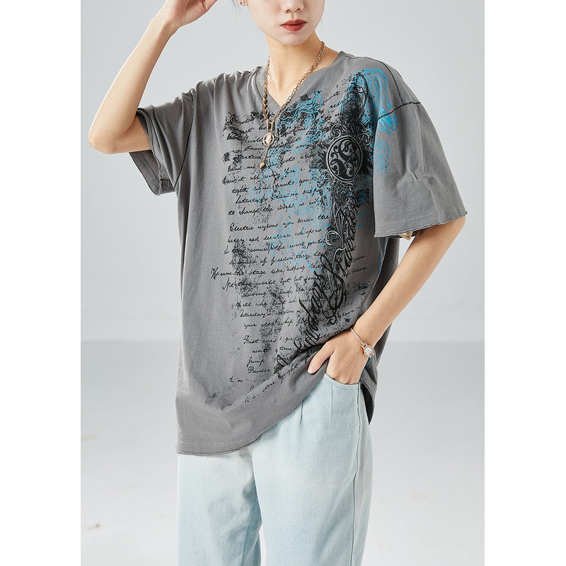 Plus Size Grey V Neck Print Cotton Tanks Summer