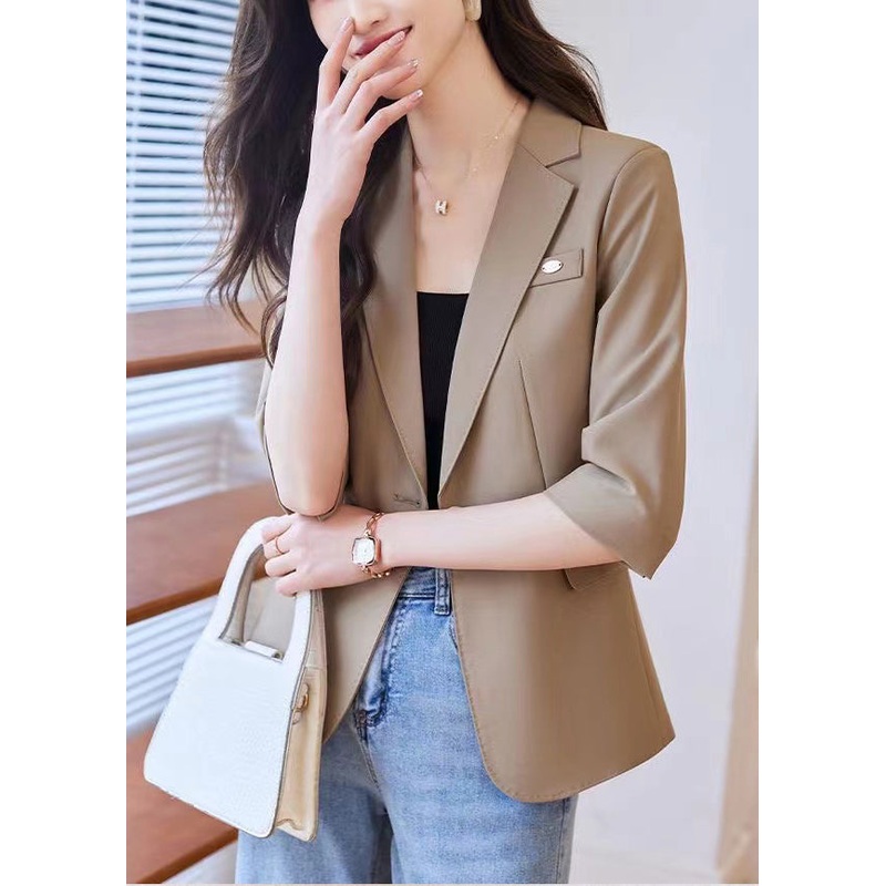 Simple Coffee Notched Spandex Jacket Half Sleeve