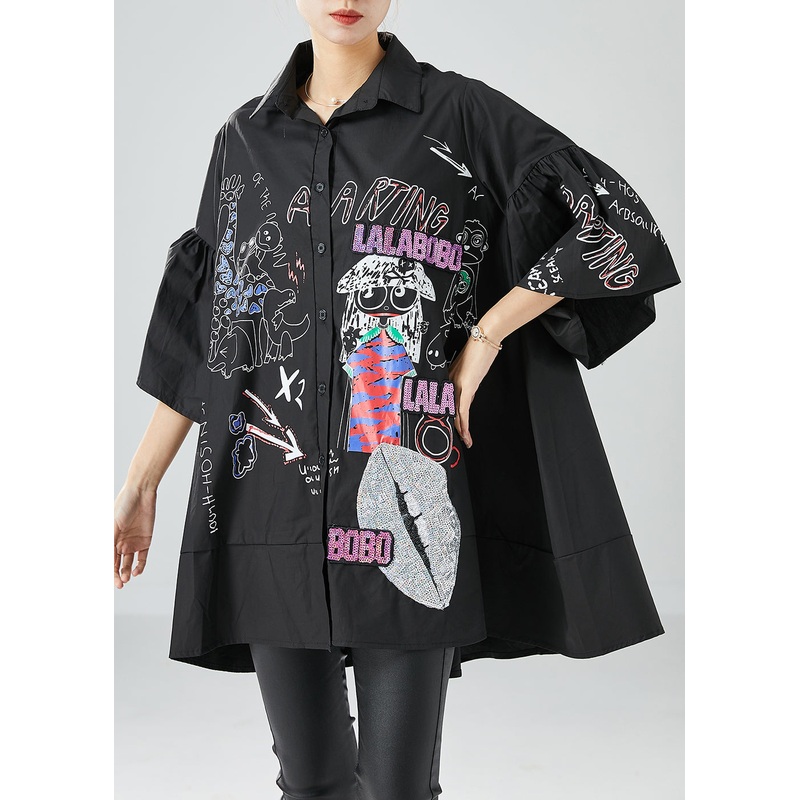 Stylish Black Oversized Patchwork Print Cotton Shirt Top Puff Sleeve