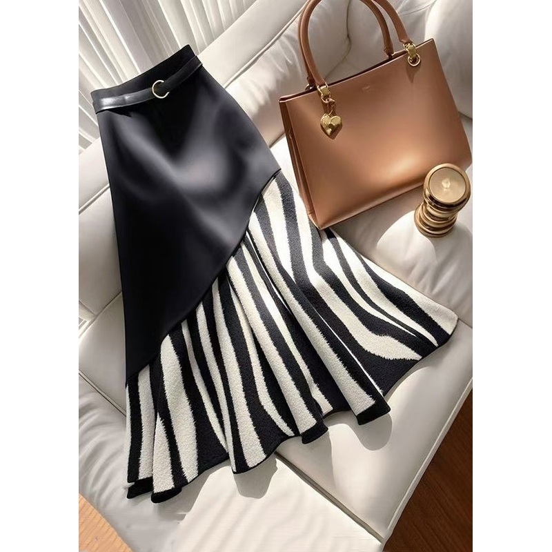 Stylish Black Zebra Pattern High Waist Patchwork Skirt Spring
