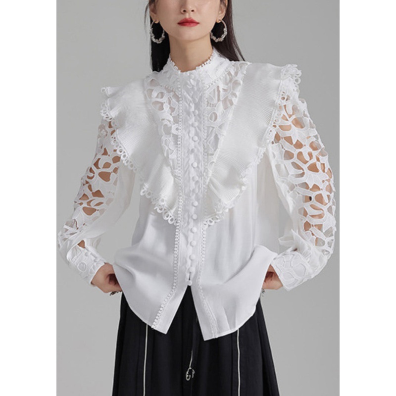 Stylish White Hollow Out Button Cotton Shirts Spring