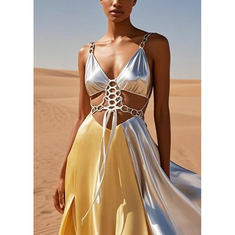 Stylish Yellow V Neck Side Open Silk Vacation Long Dresses Sleeveless