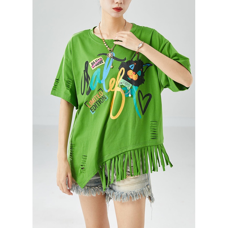 Unique Green Asymmetrical Tassel Print Cotton Ripped Tops Summer