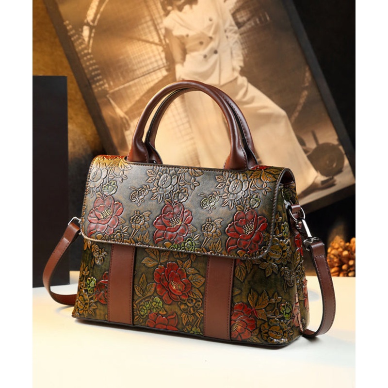 Vintage Brown Flower Embossed Solid Durable Women Handbags