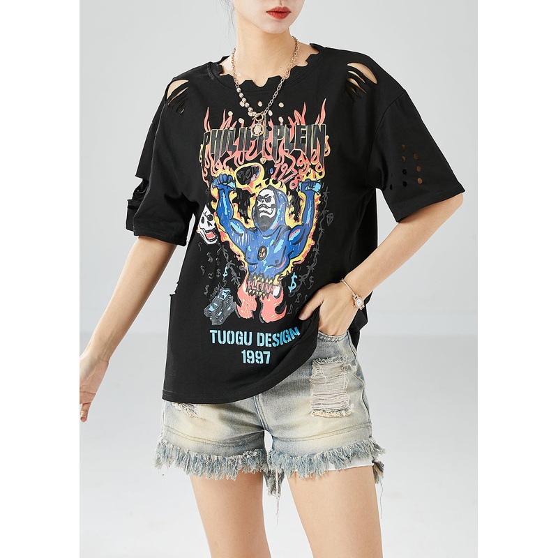 Women Black Hollow Out Print Ripped Cotton Tanks Summer