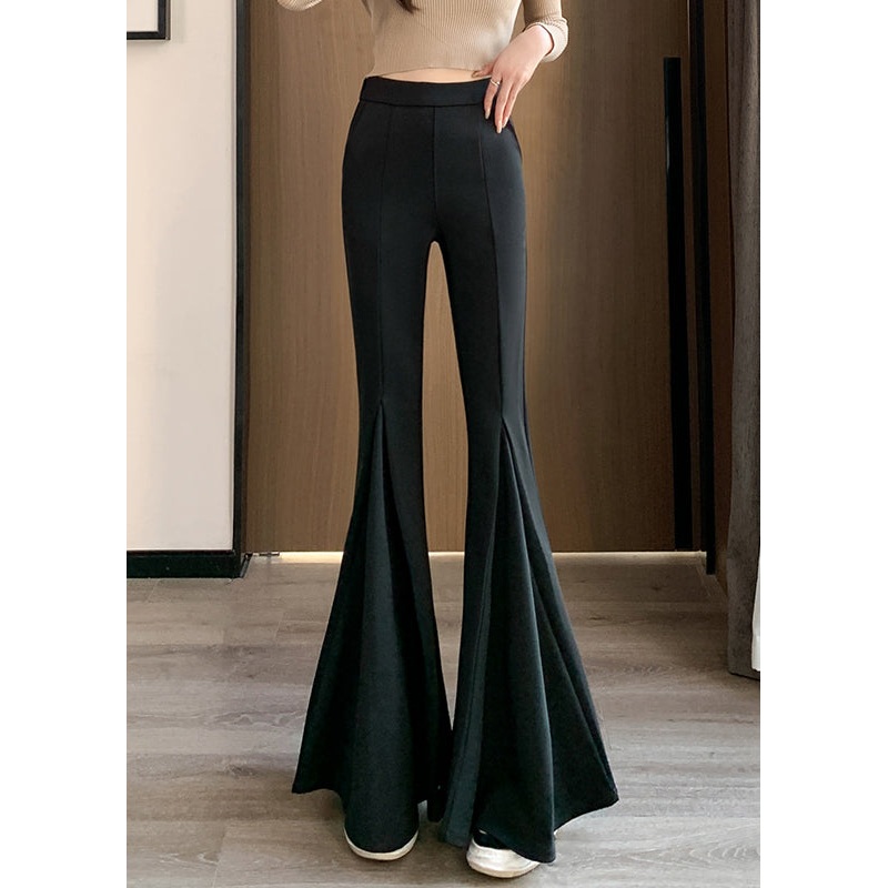 Women Black Solid Elastic Waist Spandex Flared Trousers Spring