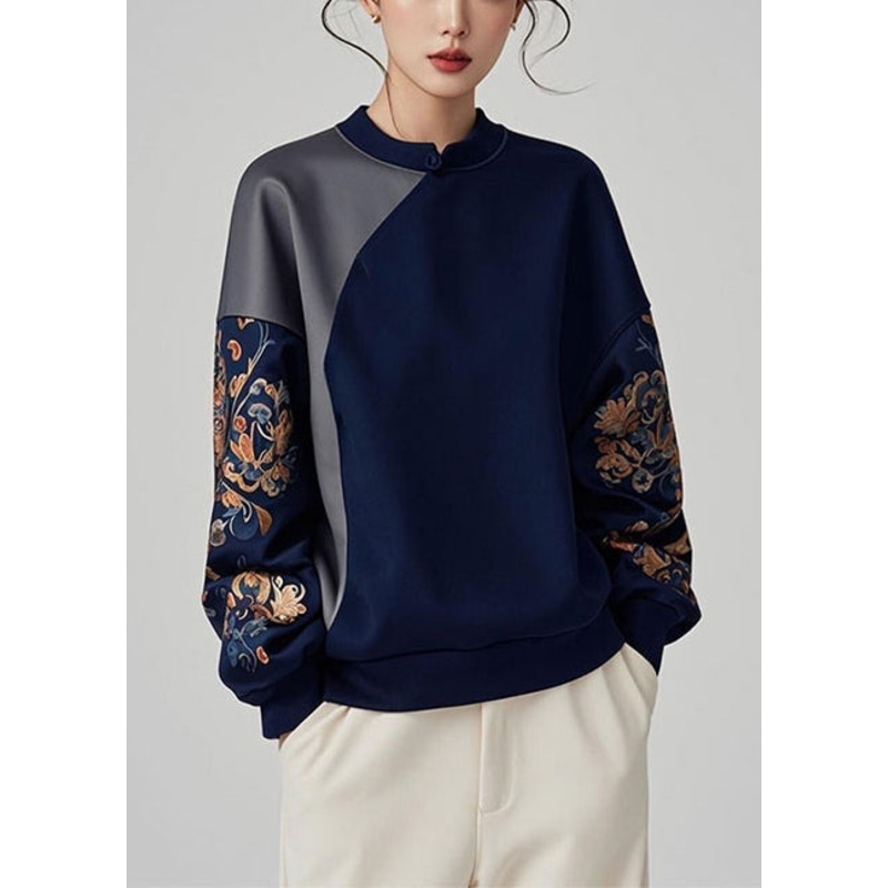 Women Navy Asymmetrical Patchwork Cotton Pullover Sweatshirt Spring
