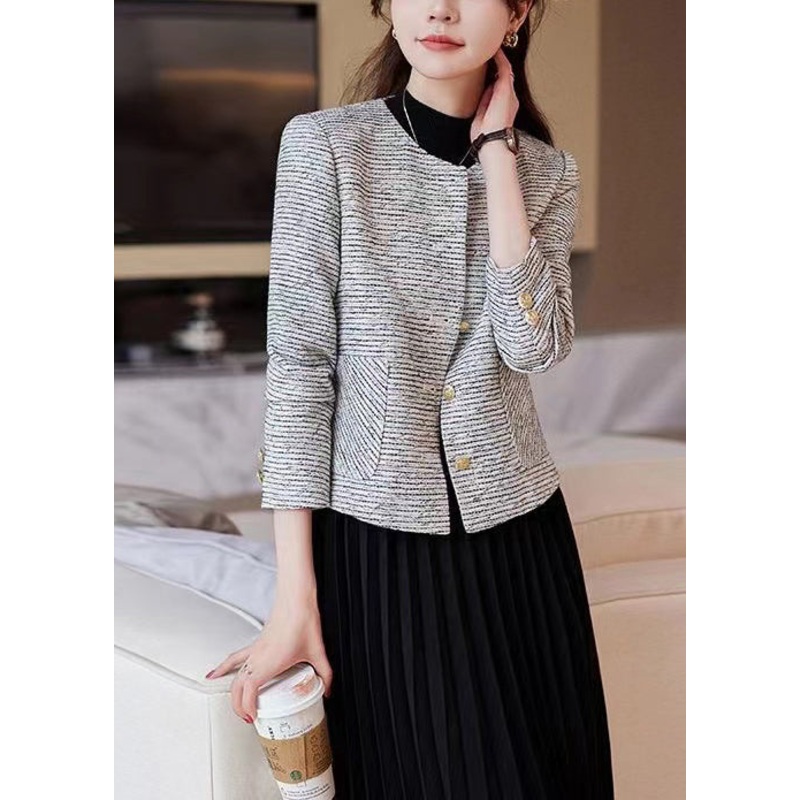 Women O-Neck Striped Cotton Short Coat Spring