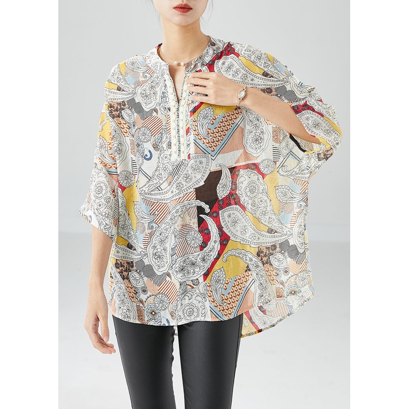 Yellow Print Cotton Shirts Oversized Batwing Sleeve