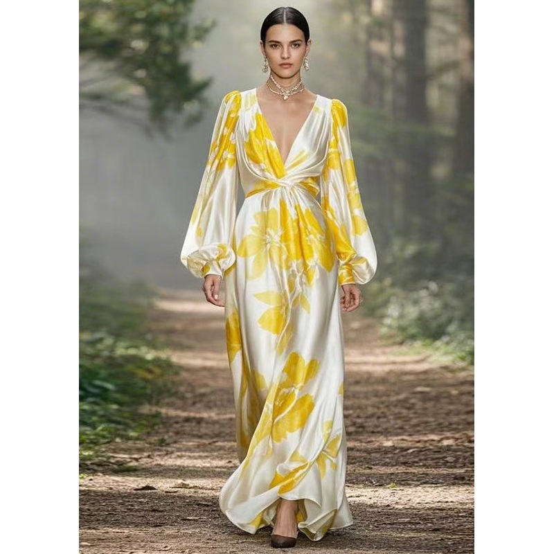 Yellow Print High Waist Silk Maxi Dress V Neck Spring