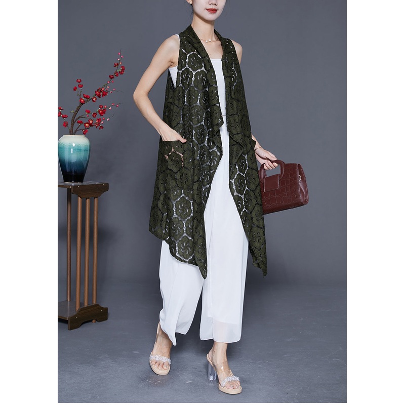 Army Green Lace Cardigans Hollow Out Pockets Summer