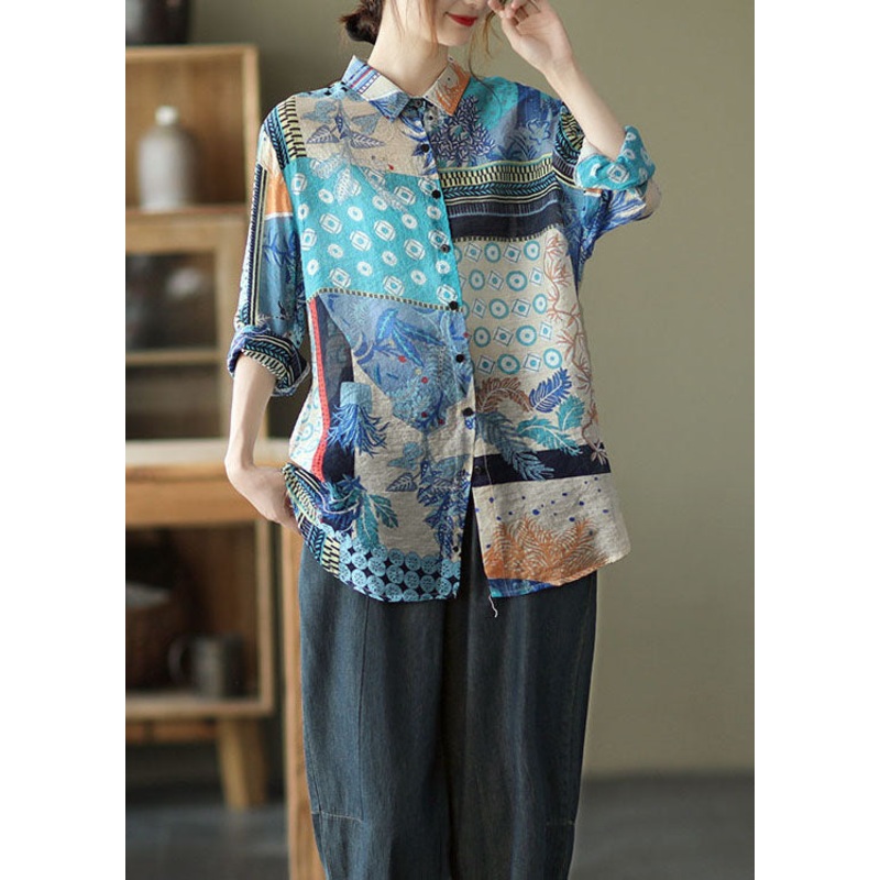 Art Blue Peter Pan Collar Print Patchwork Linen Shirts Top Spring