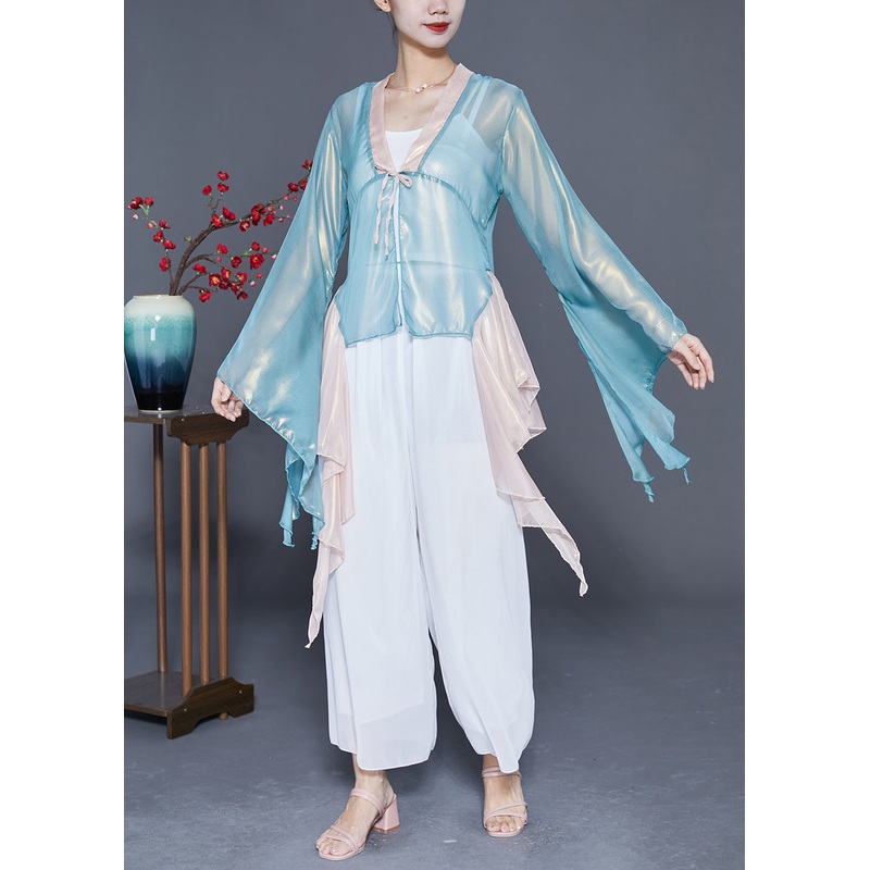 Art Light Blue Asymmetrical Patchwork Silk Top Flare Sleeve