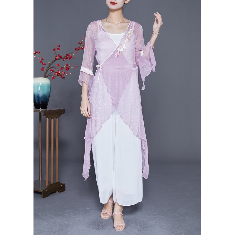 Beautiful Purple Embroideried Lace Up Asymmetrical Design Tulle Tops Summer