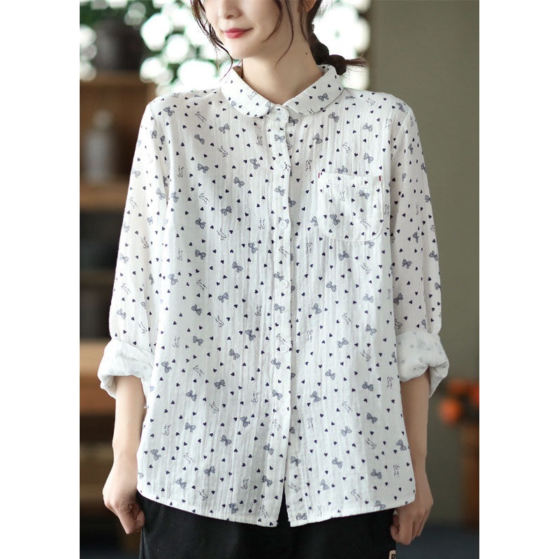 Beautiful White Peter Pan Collar Print Patchwork Cotton Shirts Top Spring