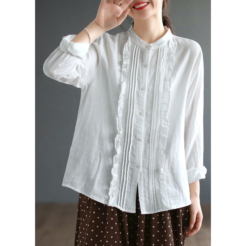Beautiful White Stand Collar Ruffled Patchwork Cotton Blouse Tops Spring