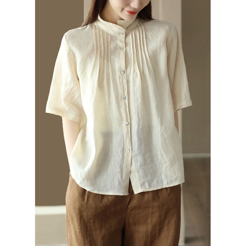 Beige Patchwork Linen Shirt Tops Wrinkled Button Half sleeve