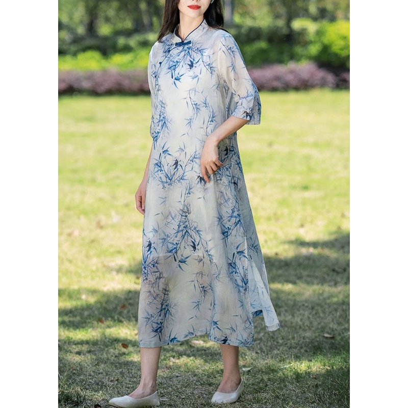Beige Print Patchwork Linen Long Dresses Side Open Summer